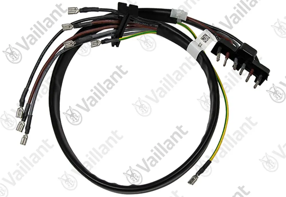 Kabelbaum von Vaillant mit mehreren Drähten und Steckverbindungen. Die Kabel sind in verschiedenen Farben und enden in ringförmigen und offenen Steckern.